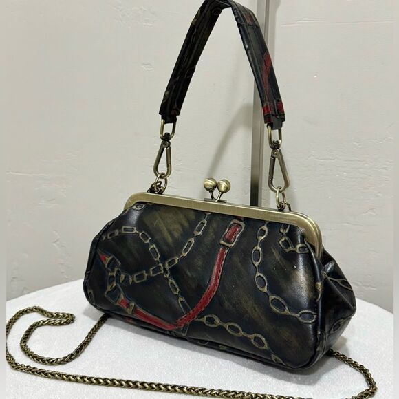 Retro Pattern Embossed Cowhide Handmade Kisslock Clutch/Wristlet/Crossbody - Picture 1 of 16